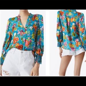 Alice + Olivia Turquoise Floral V-Neck Blouse